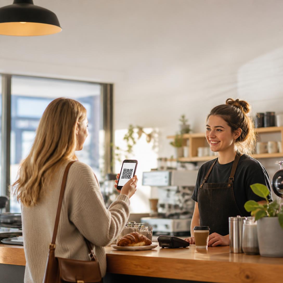 Guest showing a redeemed coupon screen on their phone to a smiling barista at a local cafe