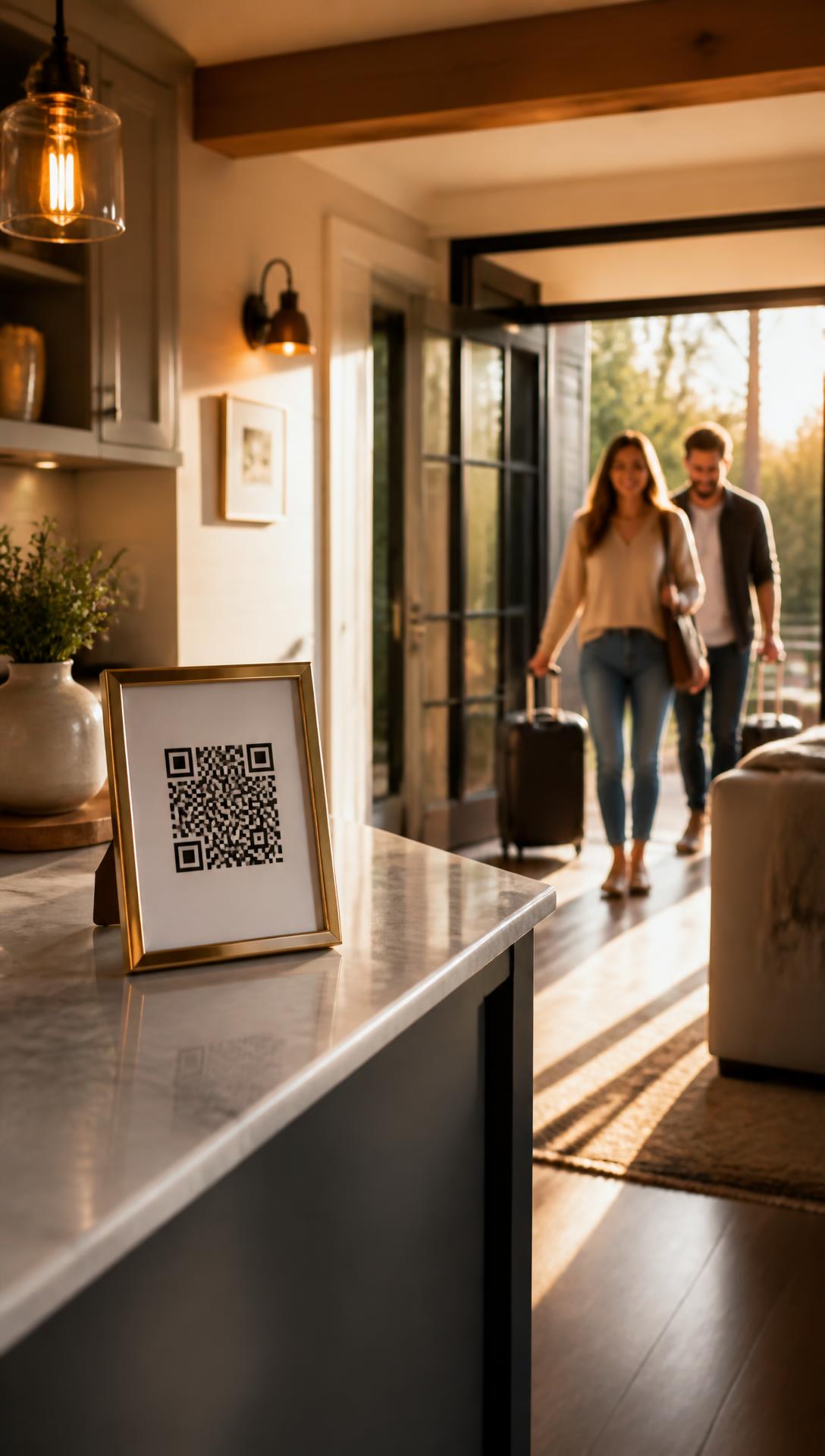 Framed Stay & Save QR code on the kitchen island of a short-term rental as guests arrive